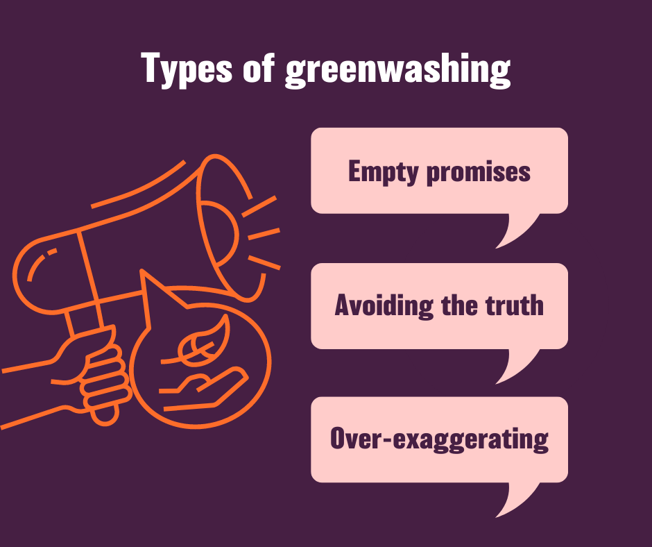 Types of greenwashing Shows different types of greenwashing: empty promises, avoiding the truth, over-exaggerating