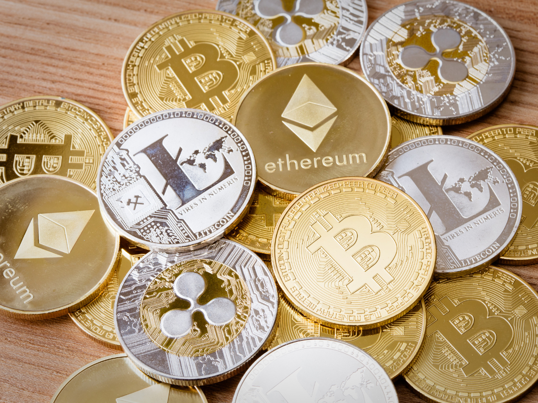 Crypto coins Crypto coins on a table