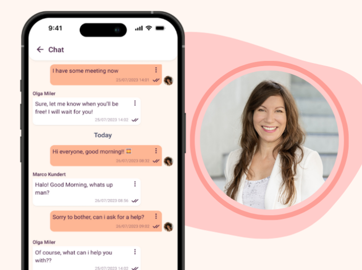 Mobile phone with chat and image of Olga Miler in a circle